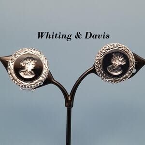 Vintage Whiting & Davis Cameo Clip Earrings, Reverse Intaglio, Silver Tone